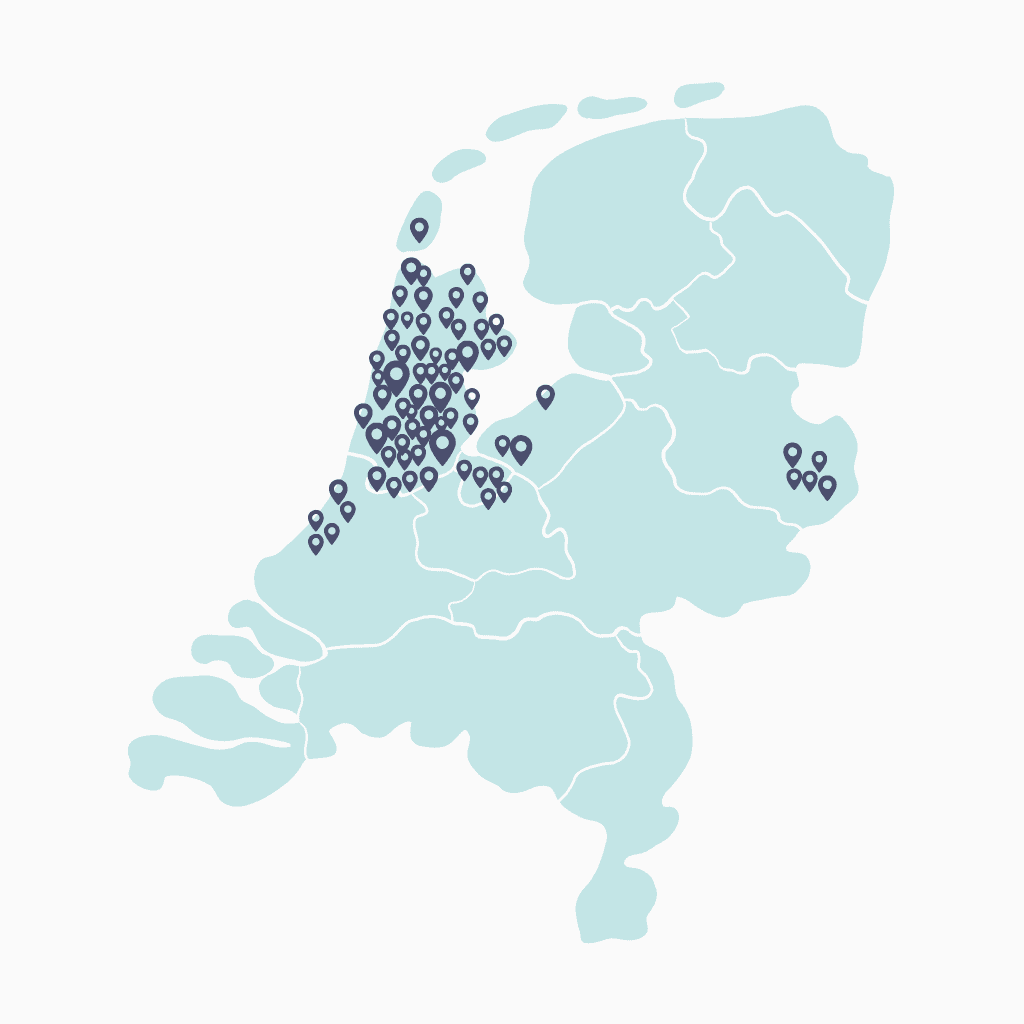 Kaart van Nederland met locaties waar in de zorg gewerkt kan worden.