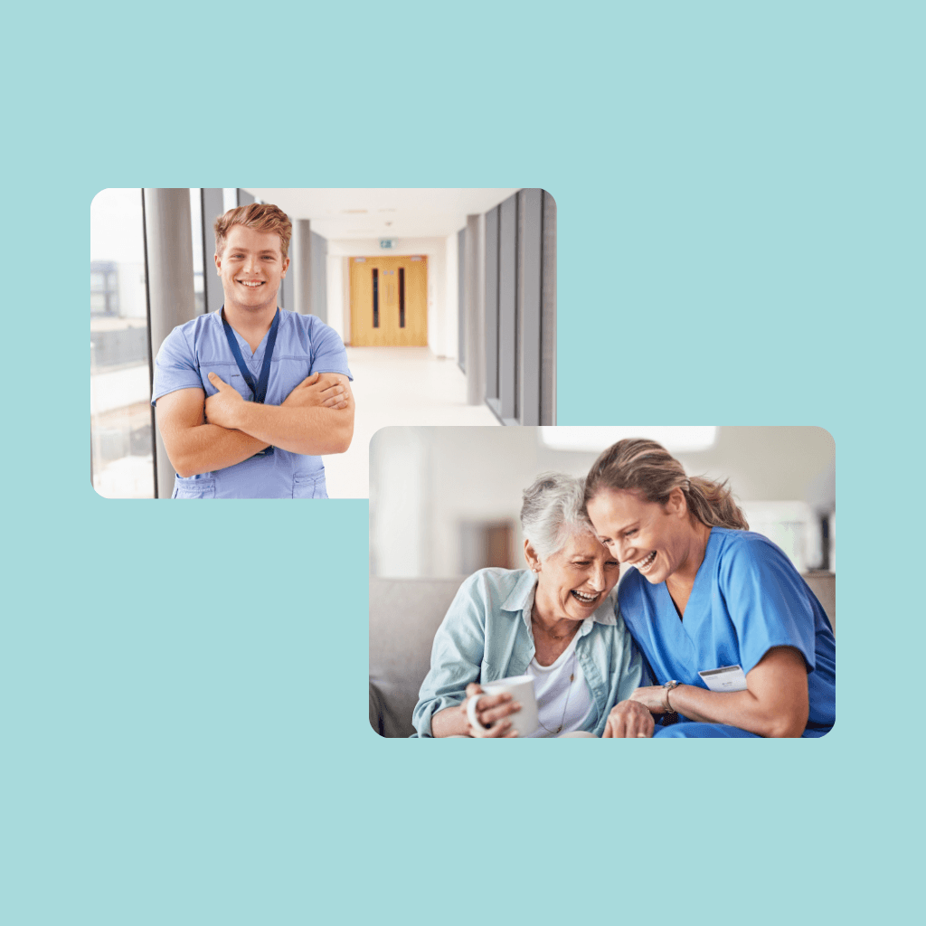 Twee zorgmedewerkers en een oudere vrouw in een zorginstelling